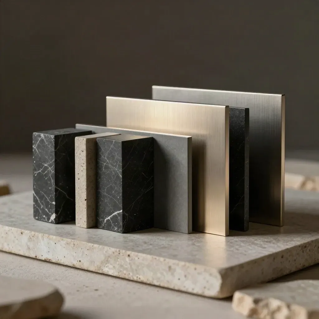 Échantillons de pierre sombre, profilés alu et maquette d’architecture sur dalle de pierre.