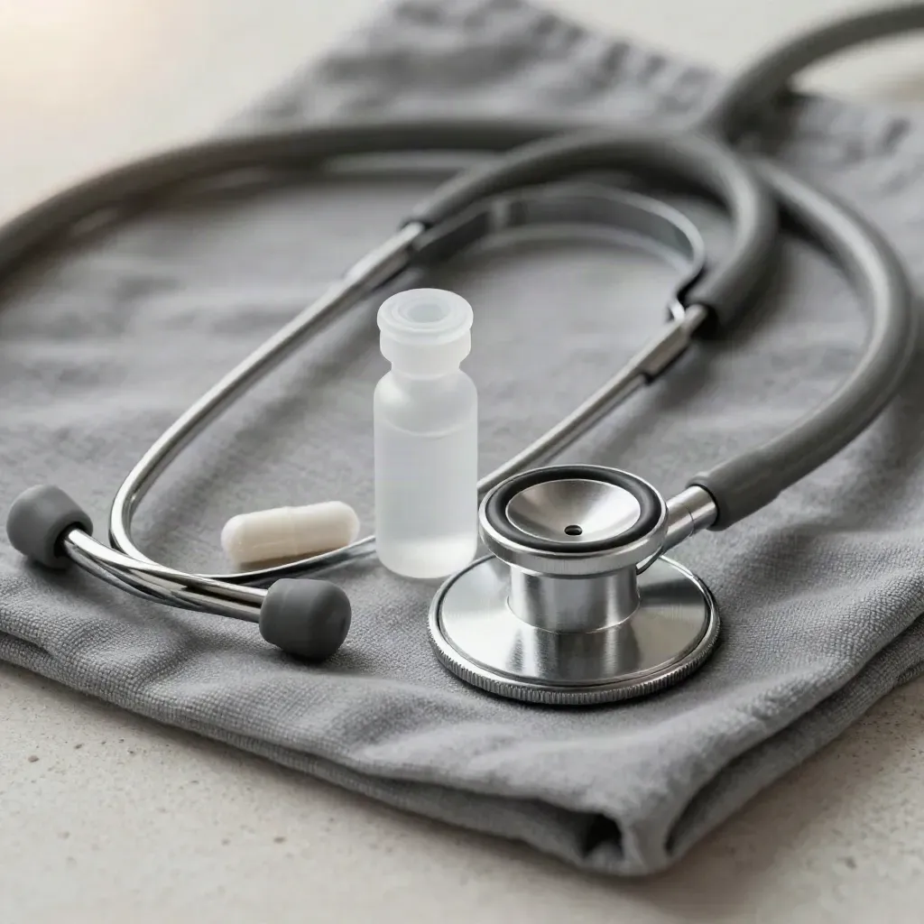 Stéthoscope, flacon dépoli et capsule clinique sur pierre claire, vue zénithale.
