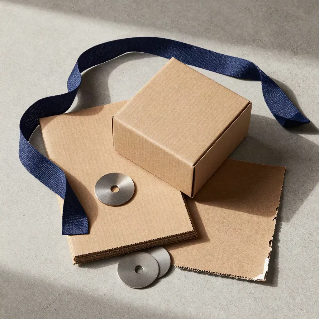 Vue du dessus d’échantillons kraft, ruban textile bleu nuit, boîte brute et sceaux métalliques.