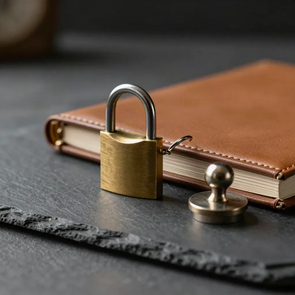Cadenas en laiton, anneau de sécurité et dossier cuir sur pierre sombre, lumière froide.