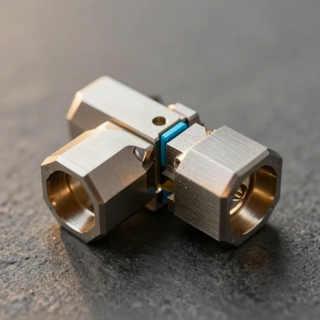Deux blocs connecteurs usinés s’emboîtent sur une pierre graphite, avec accent cyan.