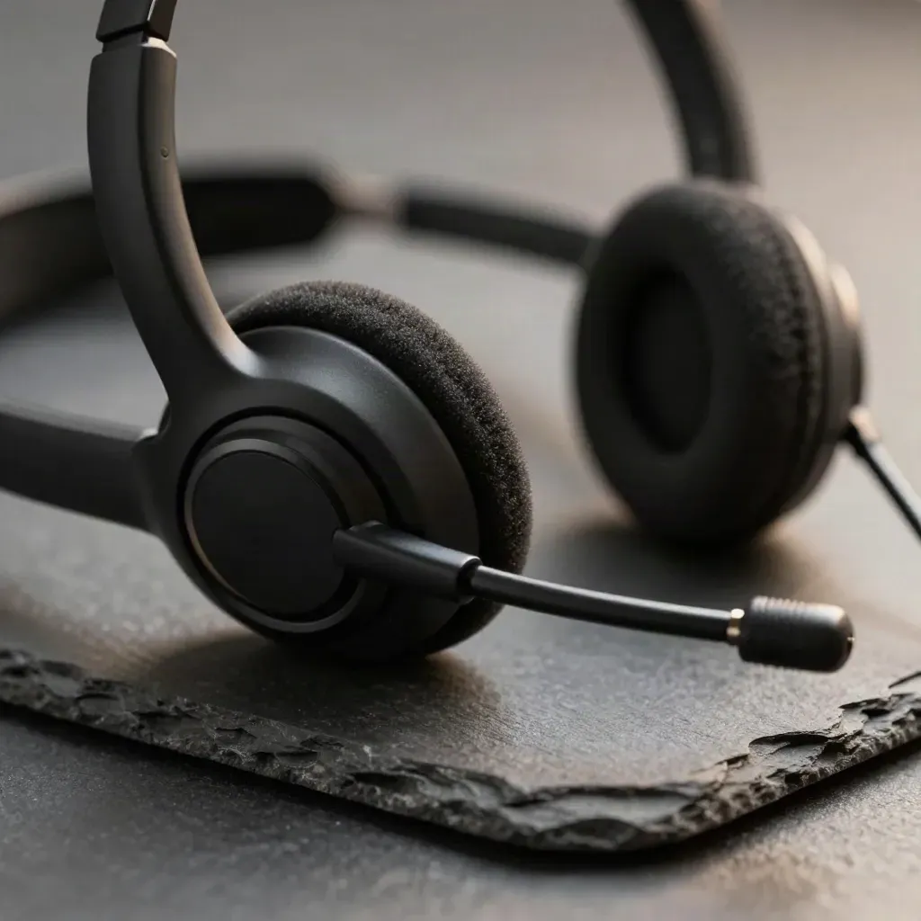 Micro-casque noir mat, socle de charge et mousse acoustique sur pierre sombre.