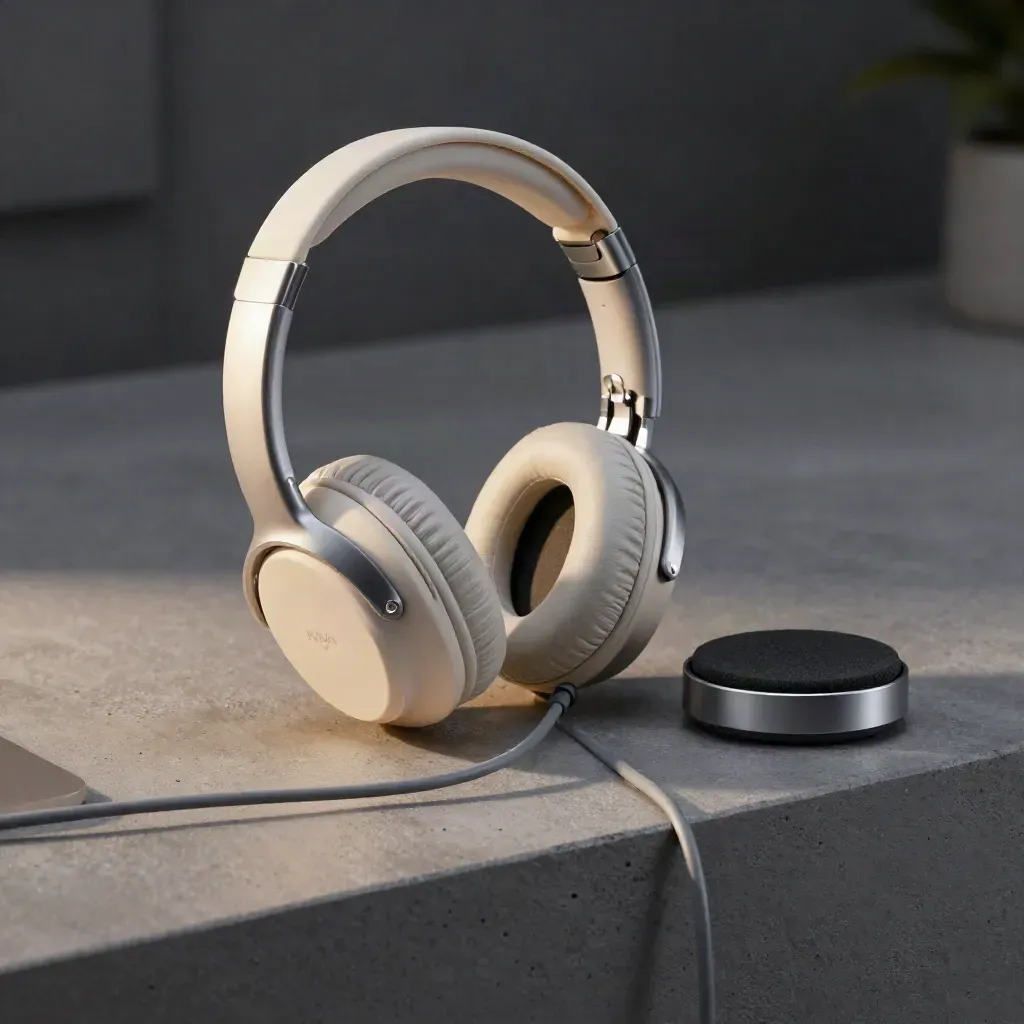 Casque d’assistance blanc sur socle, mousse acoustique et surface graphite, lumière douce de nuit.