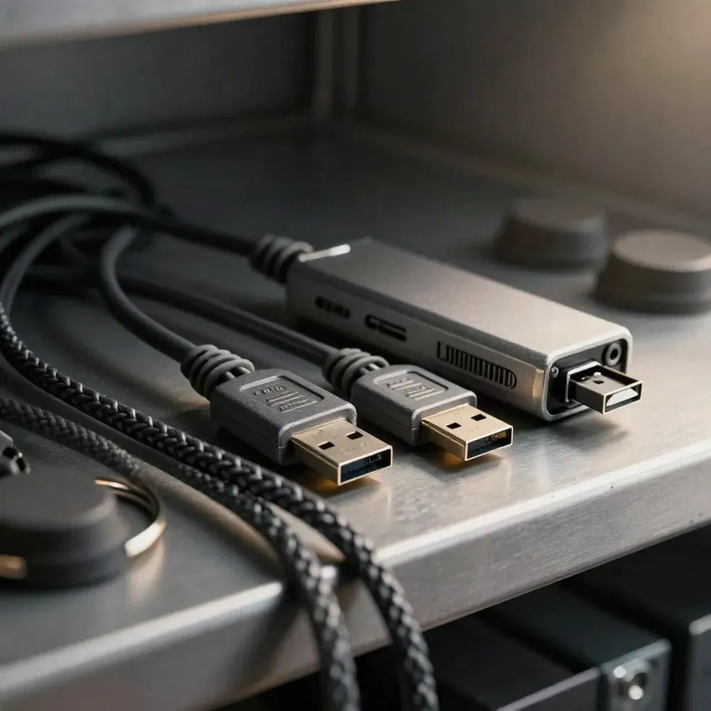 Clés USB de sécurité, hub aluminium et anneaux de câble sur étagère technique sombre.