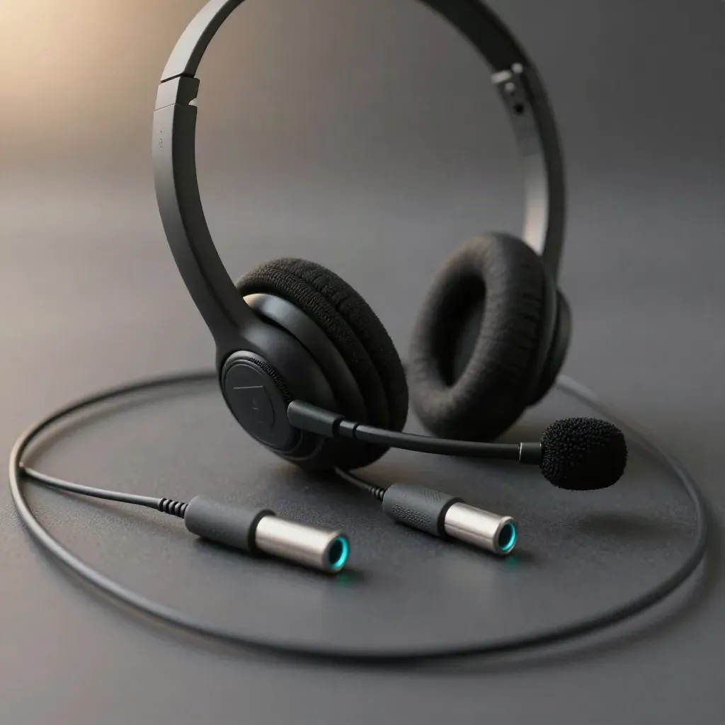 Vue macro d’un micro-casque noir, repose-casque et séparateurs de câbles sur fond sombre.