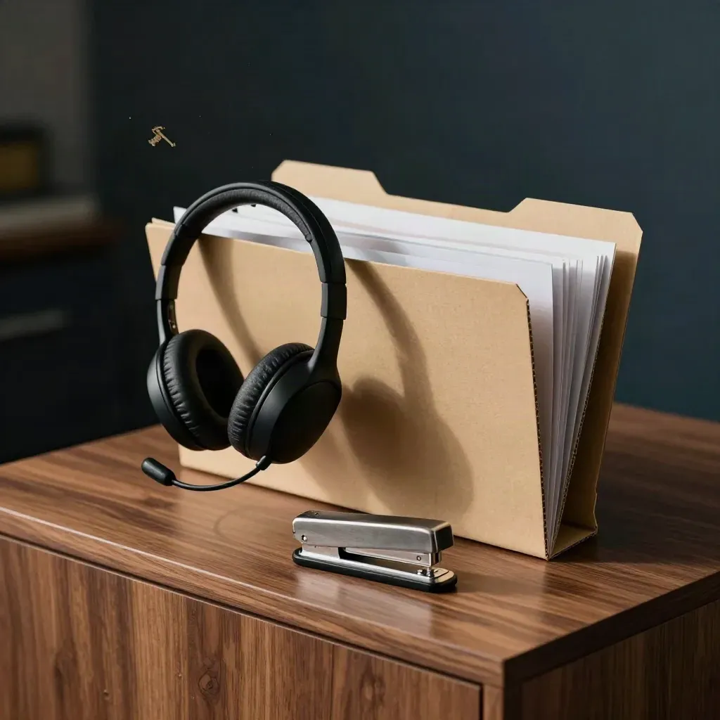 Dossiers commerciaux fermés, casque de support et agrafeuse sur une crédence en noyer.