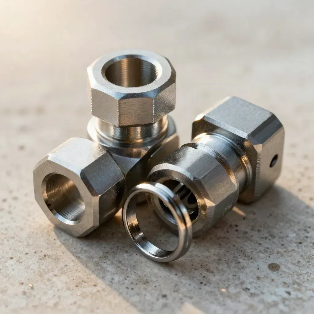 Connecteurs métalliques et anneaux d’acier en macro sur pierre claire.