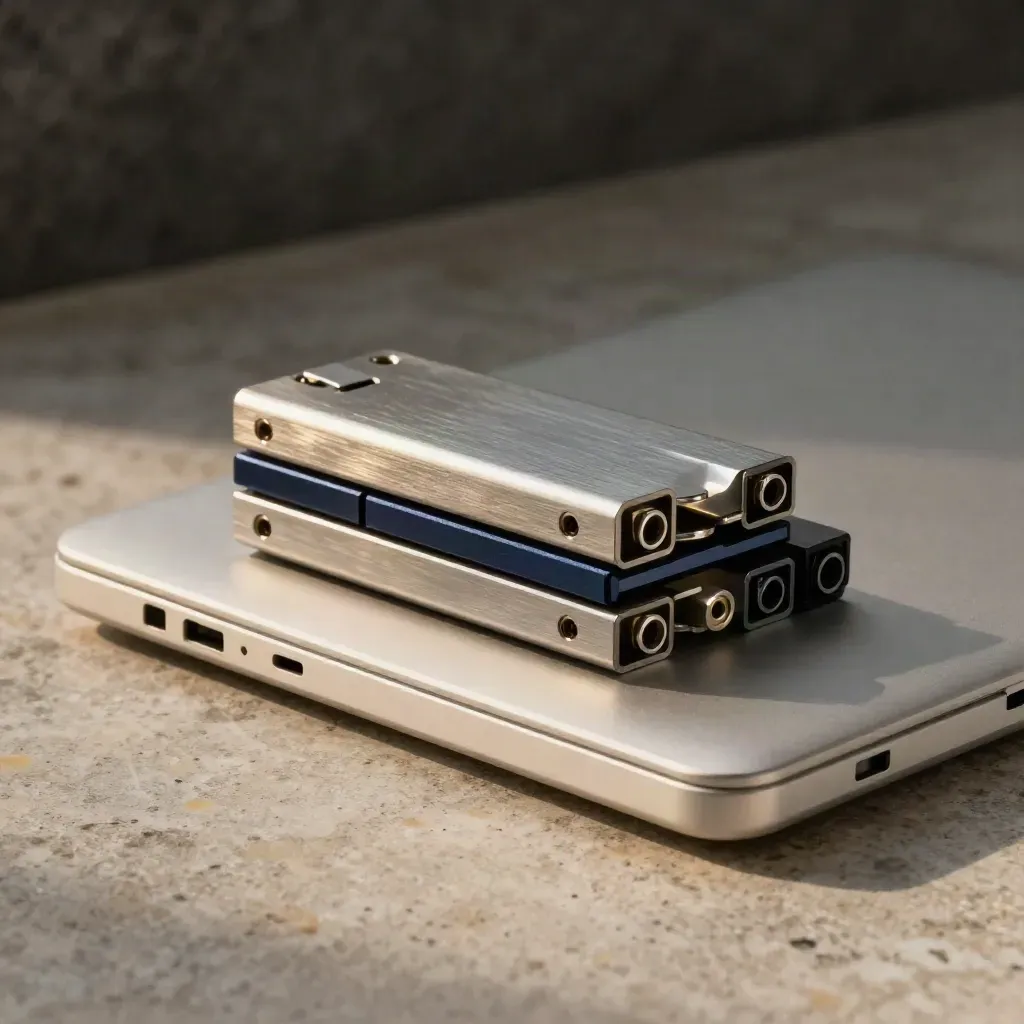 Modules en aluminium brossé et carnet fermé sur une pierre, lumière dramatique.