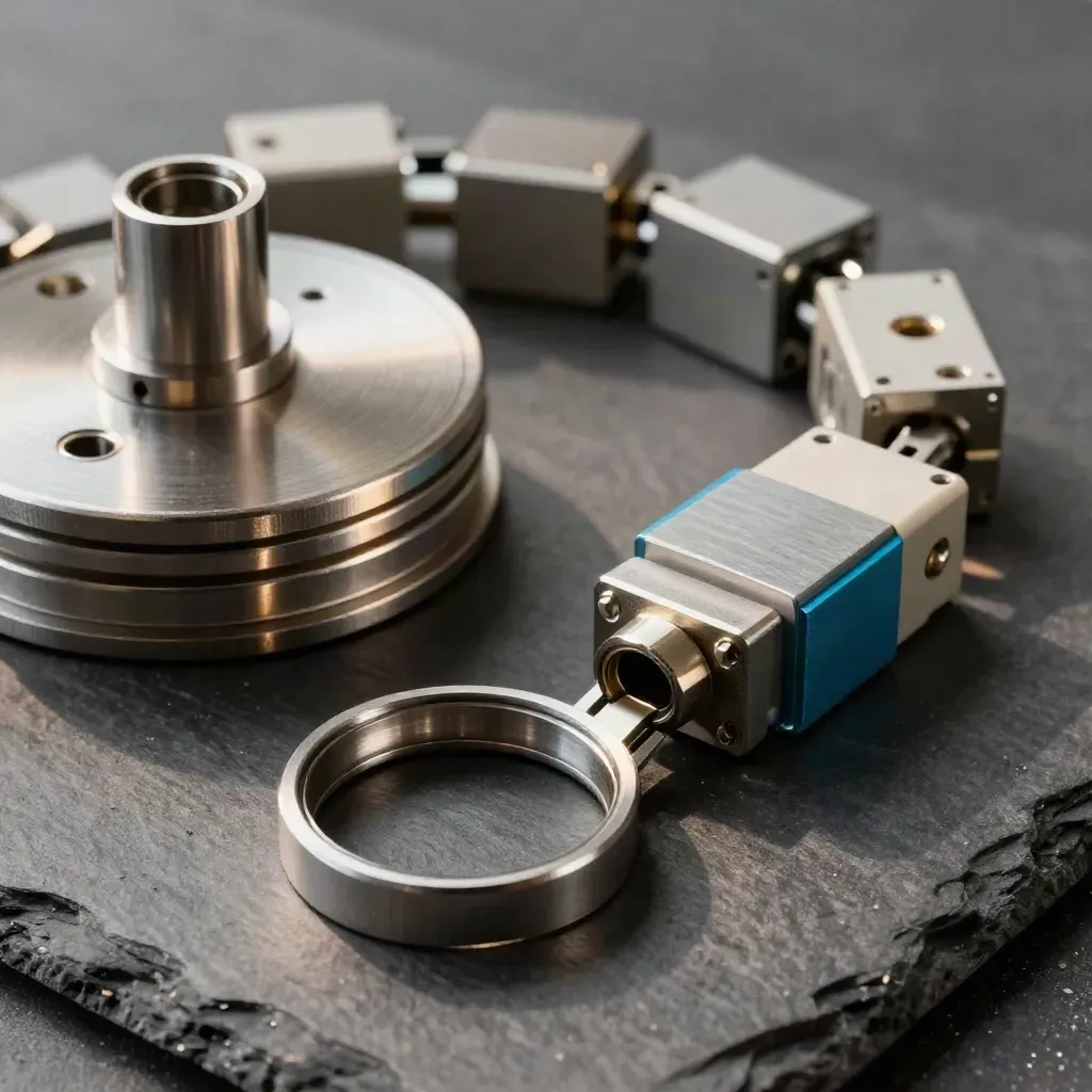 Disques métalliques et module de connexion Stripe sur ardoise sombre, lumière douce.