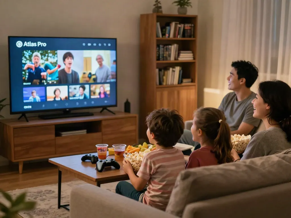 Téléchargement de l'application Atlas Pro ONTV sur Smart TV, soirée cinéma en famille, ambiance chaleureuse.